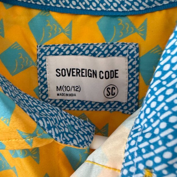 Sovereign Code Yellow & Blue Fish Pattern Short Sleeve Button Down Shirt 10/12 - Picture 3 of 6